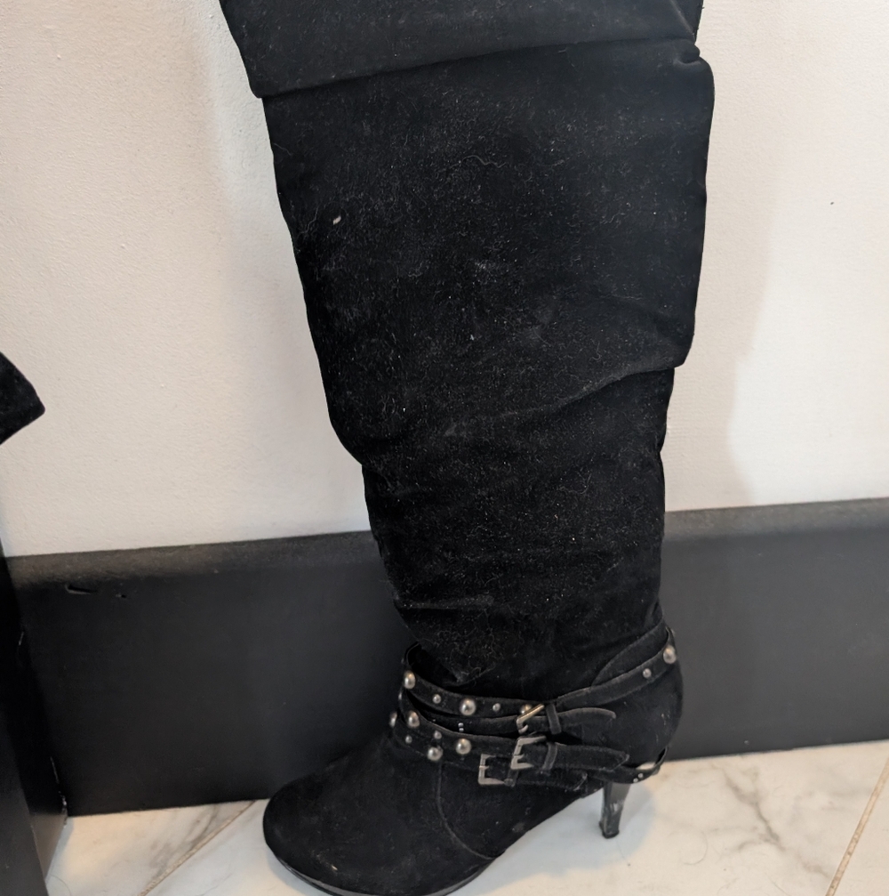 Attitude By Jay Manuel Baddie Black Suede Knee-High Studded Heel Boots - Women